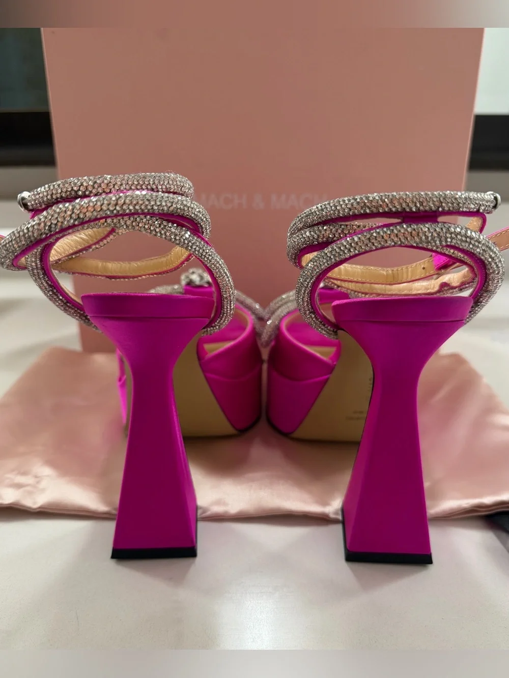 MACH & MACH - Double Bow - 140 Silk Ankle Strap Sandals - 38 - New - Fuchsia